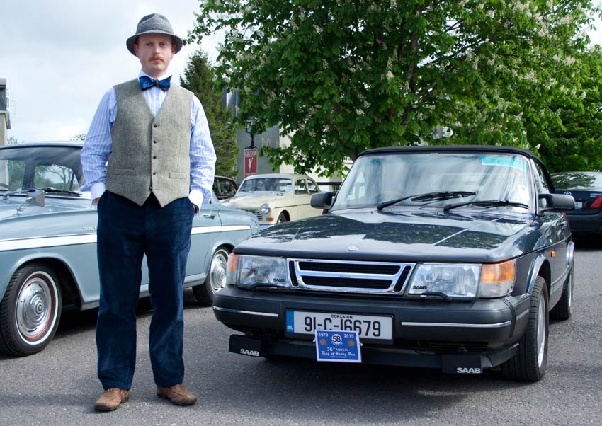 Alex Caridia with his Saab 900 Classic convertible. Photo by Suzanne Keane